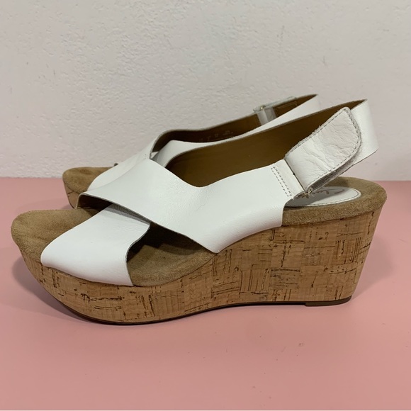 CLARKS White Leather Wedge Sandals Caslynn Shae Platform Summer Spring - Picture 2 of 11